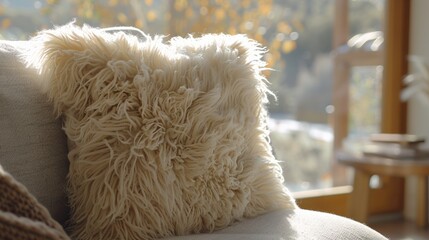 Cozy Decorative Pillow on Sofa in Sunlit Living Room Setting