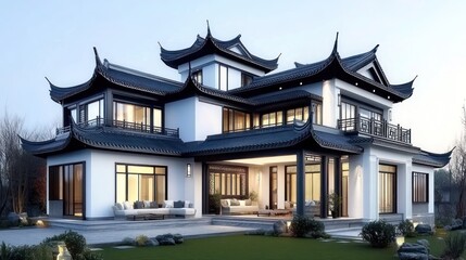 Fototapeta premium Modern Asian-style mansion with a spacious patio. Evening view, featuring a large, multi-level structure with detailed architectural features