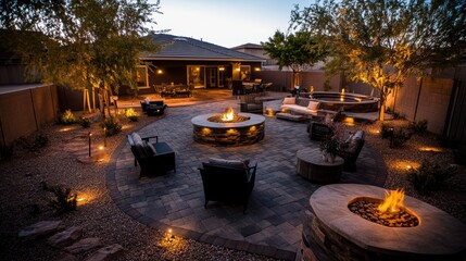 back yard of a large modern mansion with a combination of black and brown tones, featuring a luxurious design, cool color tones,