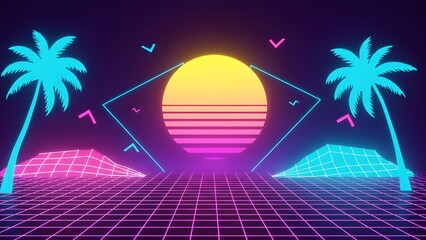 Futuristic Vaporwave Sunscape Geometric neon shapes and gradient sunset create a futuristic retro feel