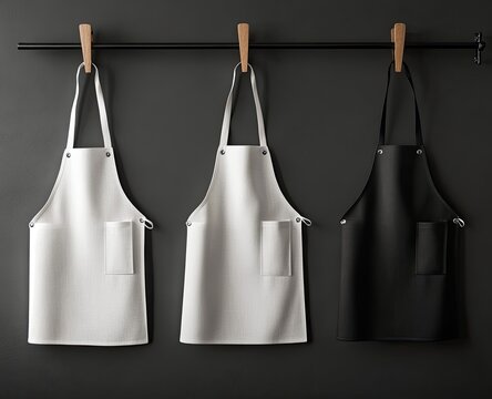 Three blank aprons, white and black, hang on a dark wall