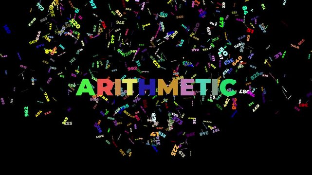 Countless numbers with random colors and diverse rotation burst from the videos edge with the large text ARITHMETIC. Fun math animation for education