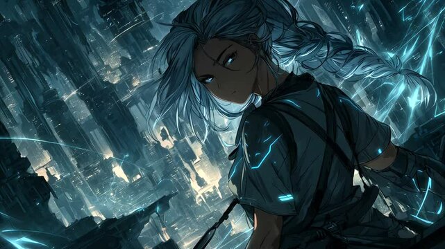 Futuristic city scene with a woman character.