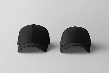 Two black baseball caps, different sizes, on a light gray background