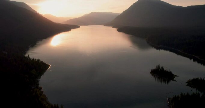 Lake Wenatchee Hazy Sunset Aerial View