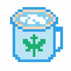 Obraz premium pixel art blue mug with cannabis leaf and hot beverage, retro gaming