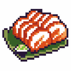 Fototapeta premium pixel art salmon sashimi dish on green leaf japanese cuisine, retro gaming food illustration