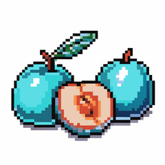 Fototapeta premium Pixel art blue peaches with leaf retro fruit design in digital