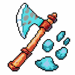 Pixel art blue battle axe with ice shards and unique patterns
