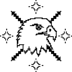Obraz premium Pixel art eagle head with crossed arrows and stars, symbolizing strength and precision