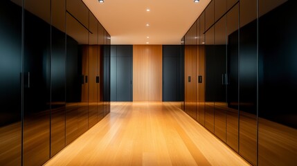 huge black and brown modern closet of huge modern mansion.
