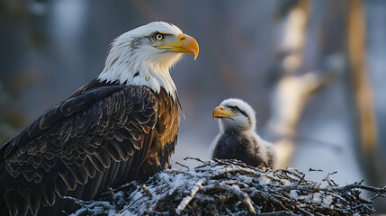Obraz premium Bald eagle and chick in a nest.