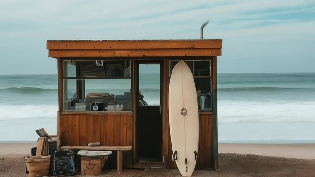 Surfboard against a beach shack near ocean waves in a serene coastal environment