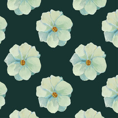 Pale blue apricot flowers watercolor pattern over a dark green background. Vintage floral pattern for wrapping paper and decoration. Gardening flowers inspired. Elegant blue buds and petals painting.