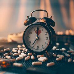 A conceptual photograph depicts a classic analog alarm clock, surrounded by capsules and pills, highlighting time, health, and urgency, with a softly blurred background and warm lighting.