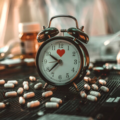 A conceptual photograph depicts a classic analog alarm clock, surrounded by capsules and pills, highlighting time, health, and urgency, with a softly blurred background and warm lighting.