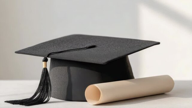 Graduation cap with diploma and certificate symbolizing education