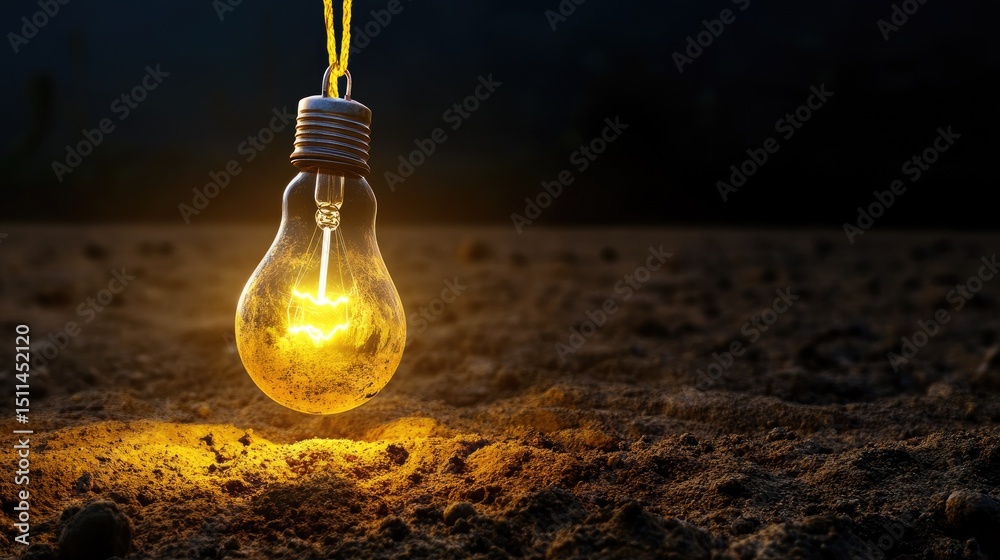 Poster suspended glowing bulb in empty dark field, surreal contrast of artificial and natural