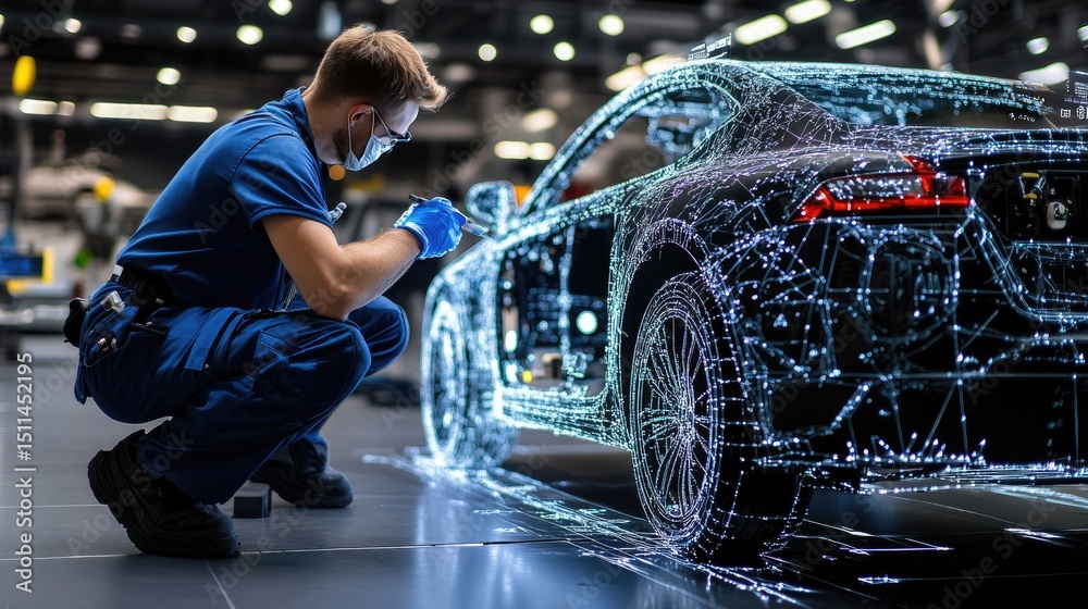 Poster technician checking car status with advanced software, concept of automotive service and repair tech