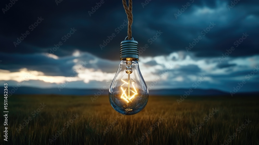 Poster suspended glowing bulb in empty dark field, surreal contrast of artificial and natural