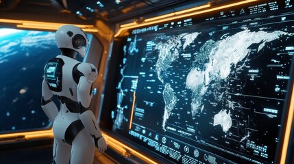 Futuristic Robot Observing Earth from Space with Digital Map Display