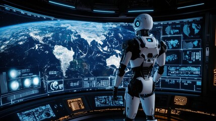 Futuristic Robot Observing Earth from High-Tech Control Room