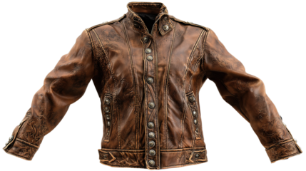 A vintage brown leather jacket with decorative buttons and intricate stitching.