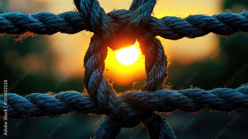 Aufkleber sunset blurred behind tight black rope network, abstract depth and contrast composition