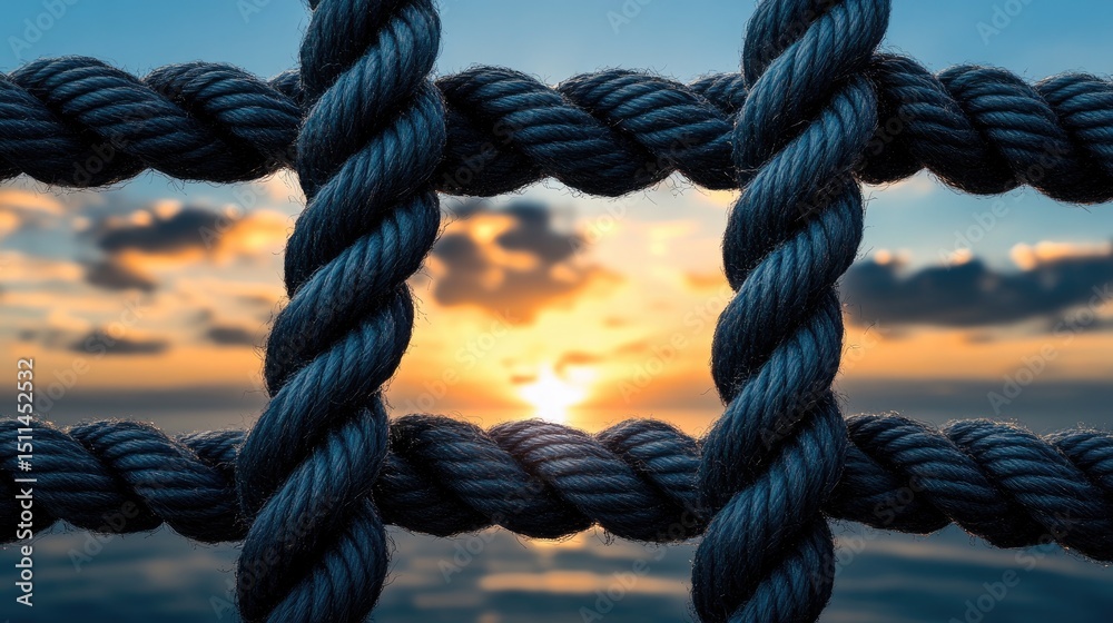 Poster sunset blurred behind tight black rope network, abstract depth and contrast composition