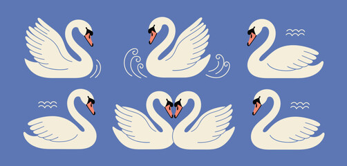 Six Elegant Swans on a Blue Background Illustration