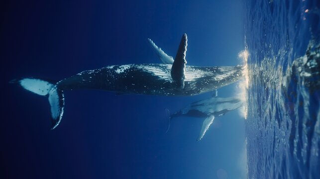 Fantastic closeup humpback whale gently dancing in blue water close to surface, light shimmering. Underwater shot full body whale. Concept of natural habitat wildlife marine animals of Tonga