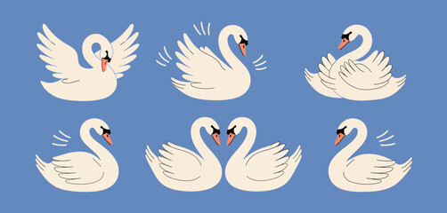 Six Adorable Swans in Various Poses on Blue Background
