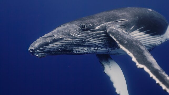 Fantastic closeup humpback whale gently dancing in blue water close to surface, light shimmering. Underwater shot full body whale. Concept of natural habitat wildlife marine animals of Tonga