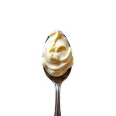 Fresh Creamy White Sauce on Metal Spoon with Smooth Texture Against a Simple Dark Background