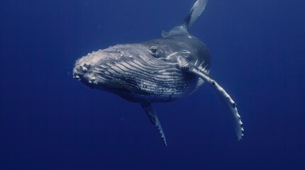 Fantastic closeup humpback whale gently dancing in blue water close to surface, light shimmering....