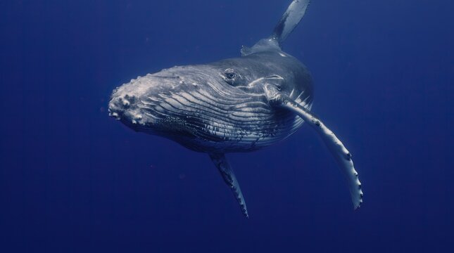 Fantastic closeup humpback whale gently dancing in blue water close to surface, light shimmering. Underwater shot full body whale. Concept of natural habitat wildlife marine animals of Tonga