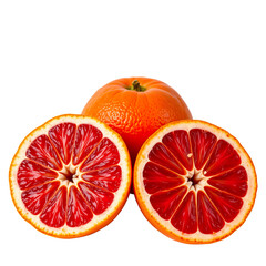 Juicy Red-Fleshed Citrus Fruit with Vibrant Orange Skin and Bright Red Pulp Slices Isolated on White Background