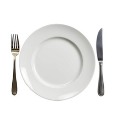 Elegant White Plate with Fork and Knife, Ready for Gourmet Meal or Dining Experience