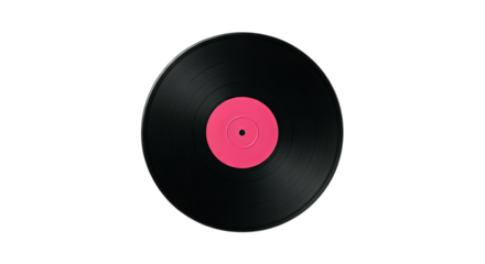 A vinyl record with a pink label is centered on a black background in a studio setting