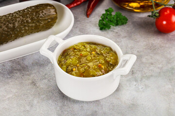 Souce gherkin relish with marinated cucumbers