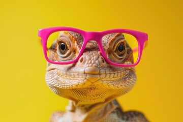 Fototapeta premium Funny lizard in pink sunglasses on yellow background with a comic expression