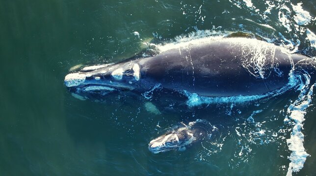Fototapeta Bowhead whale family swimming together in calm blue ocean water, Mother cares calf. Aerial view pod of bowhead whale spouting hug play. Whale watching of migrate Baleen whales South Africa. Shark