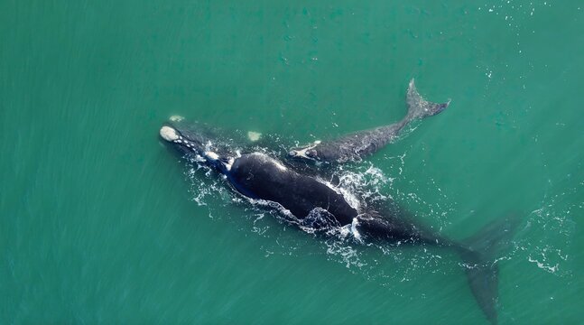 Fototapeta Bowhead whale family swimming together in calm blue ocean water, Mother cares calf. Aerial view pod of bowhead whale spouting hug play. Whale watching of migrate Baleen whales South Africa. Shark