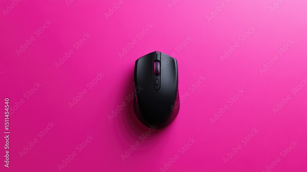 Poster minimal flatlay of black computer mouse and pad, centered on clean vibrant pink backdrop