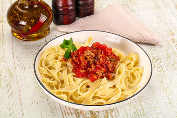 Italian pasta linguine Bolognese with meat