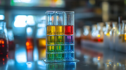 Colorful liquids in a grid of small containers.