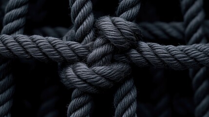 Macro of tightly knotted coarse rope, natural fiber strands under pressure