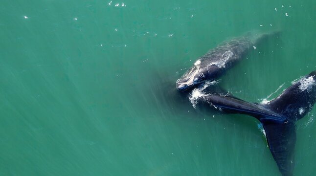 Heart shape whale tails in turcuoise water. Bowhead whale family together in blue ocean, Mother cares calf. Aerial view bowhead whale spouting. Whale watching of migrate Baleen whales South Africa