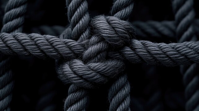 Macro of tightly knotted coarse rope, natural fiber strands under pressure