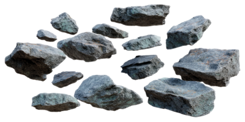 A collection of various sized, dark gray rocks isolated on transparent background